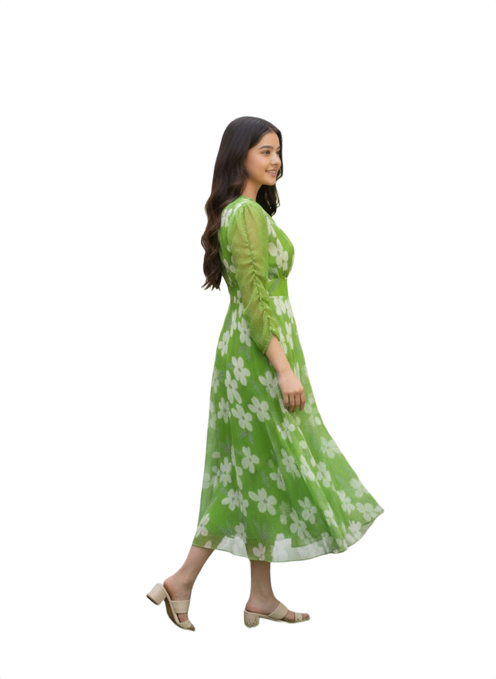 Lime Green Floral Georgette Midi Frock with Surplice V-Neck and Sheer Sleeves