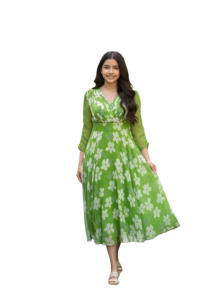 Lime Green Floral Georgette Midi Frock with Surplice V-Neck and Sheer Sleeves