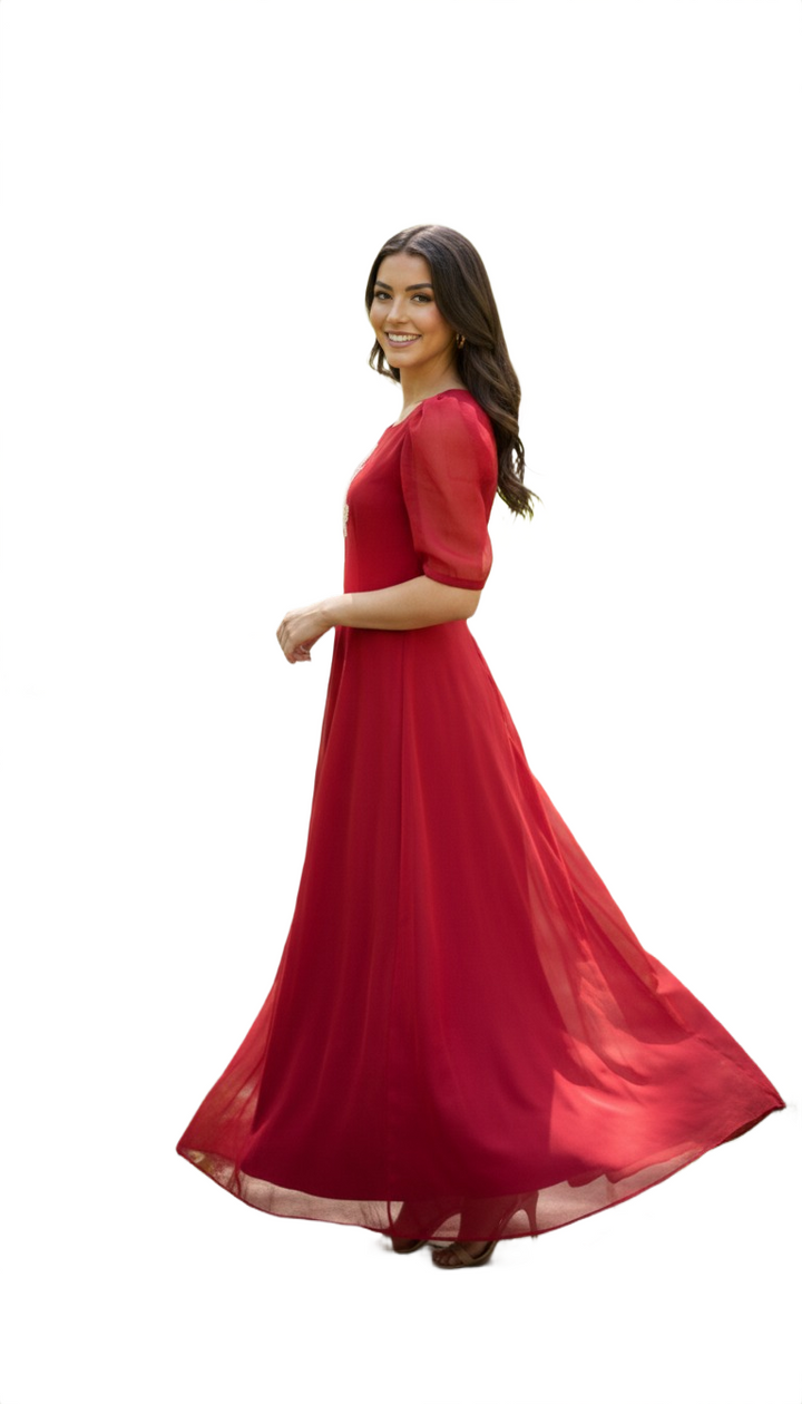 Crimson Red Georgette Anarkali Frock with Gold Leaf Embroidery and Puff Sleeves