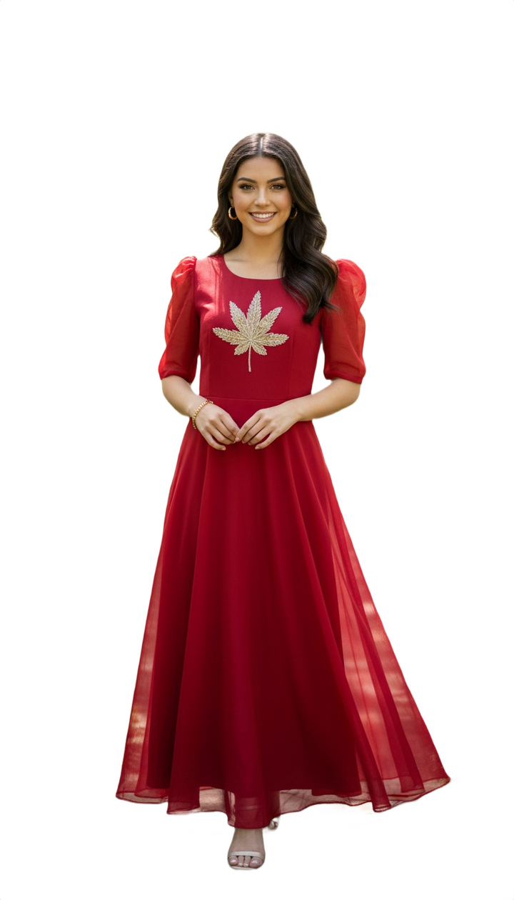 Crimson Red Georgette Anarkali Frock with Gold Leaf Embroidery and Puff Sleeves
