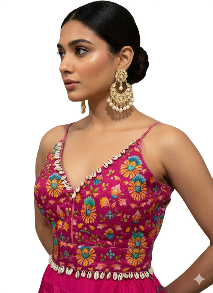 Hot Pink Silk Lehenga Choli with Floral Embroidered Blouse and Gota Patti Borders
