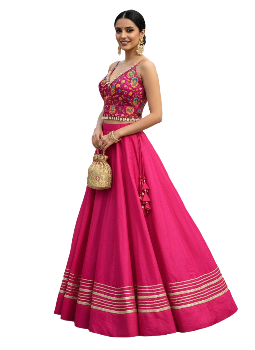 Hot Pink Silk Lehenga Choli with Floral Embroidered Blouse and Gota Patti Borders