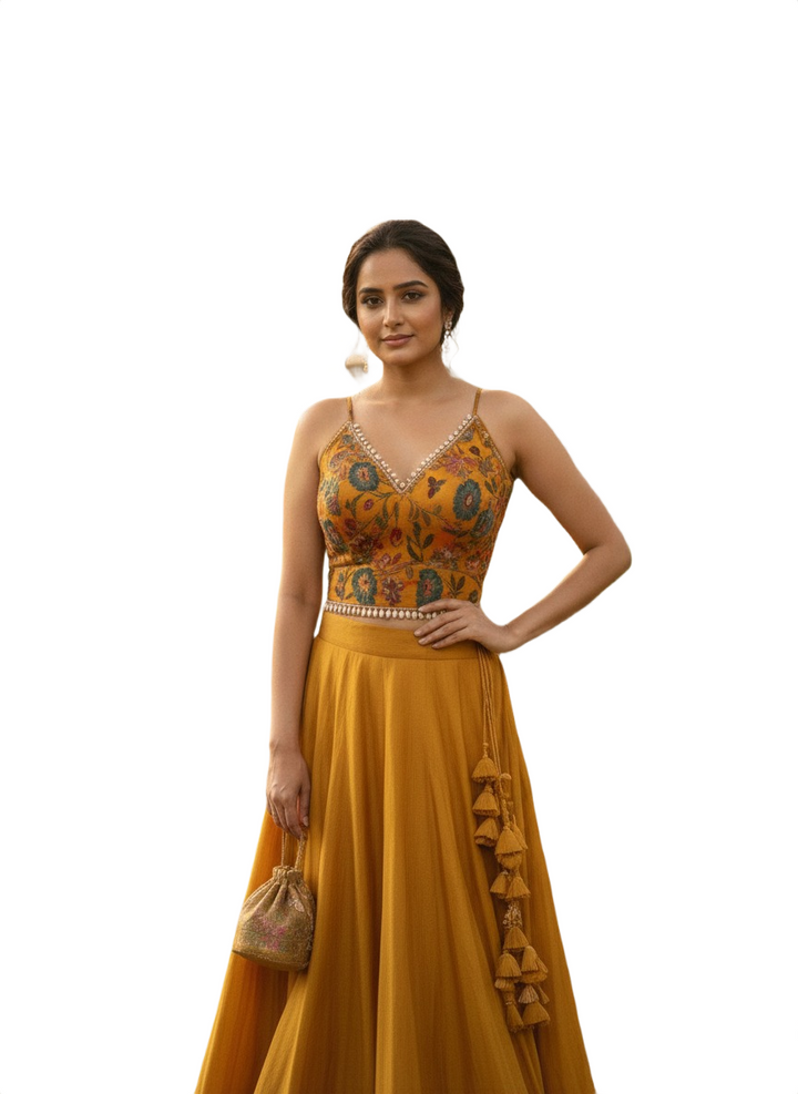 Mustard Yellow Silk Lehenga Choli with Floral Embroidered Blouse and Gota Patti Borders