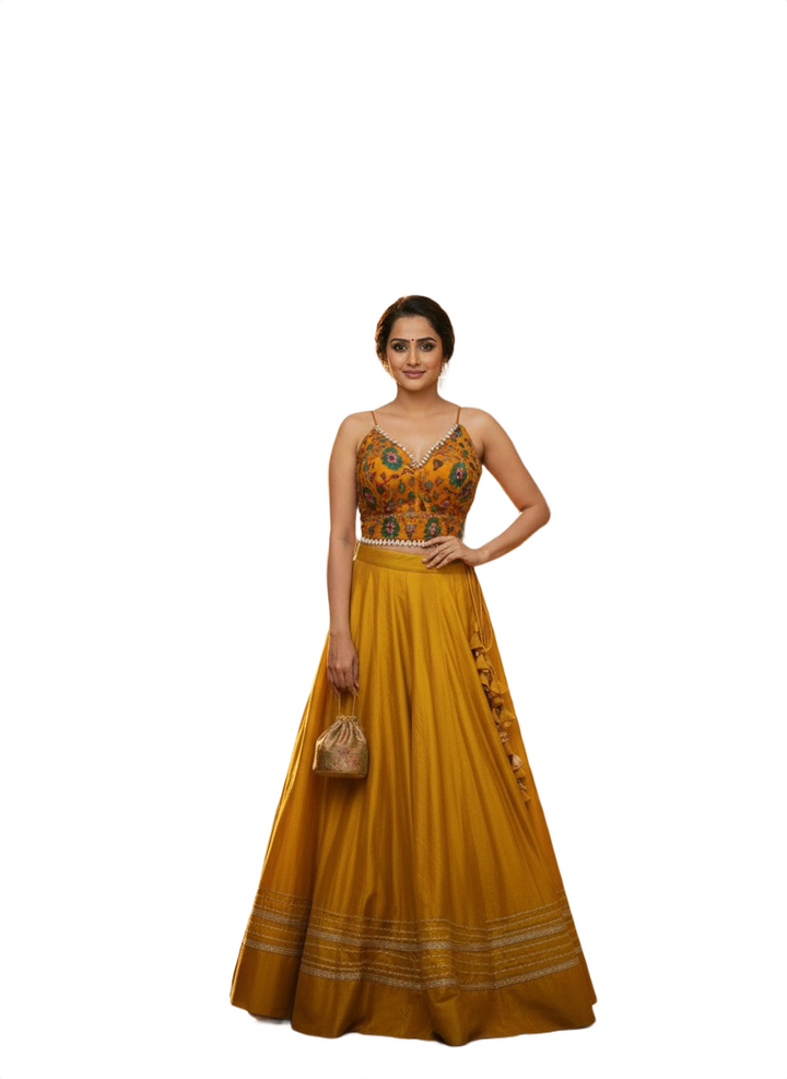 Mustard Yellow Silk Lehenga Choli with Floral Embroidered Blouse and Gota Patti Borders