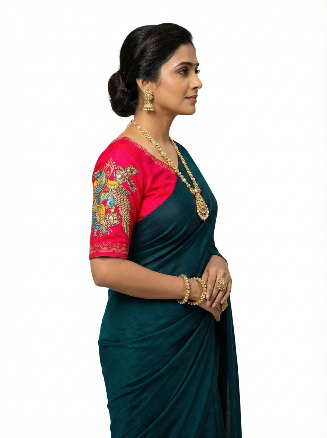 Fancy Teal Saree with Designer Magenta Embroidered Blouse