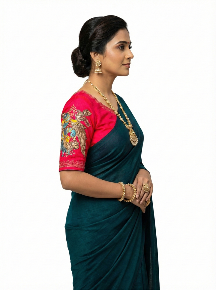 Fancy Teal Saree with Designer Magenta Embroidered Blouse