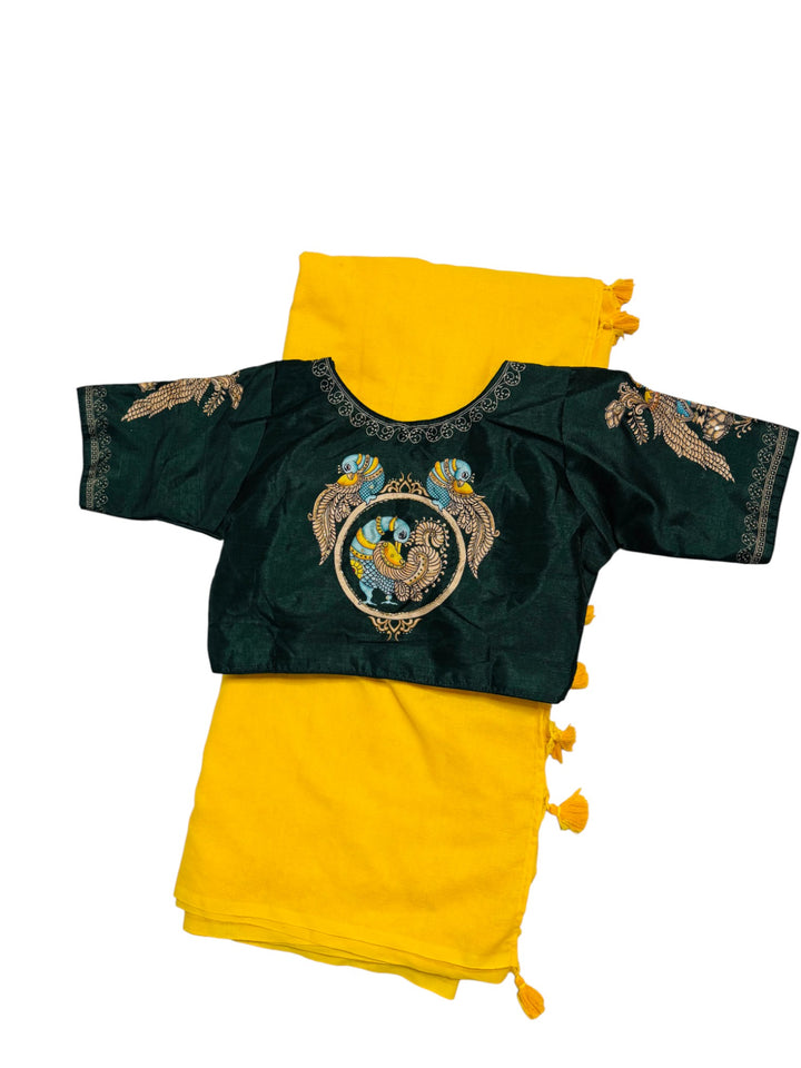 Designer Fancy Saree – Bright Yellow Saree & Green Peacock Work Stitched Blouse