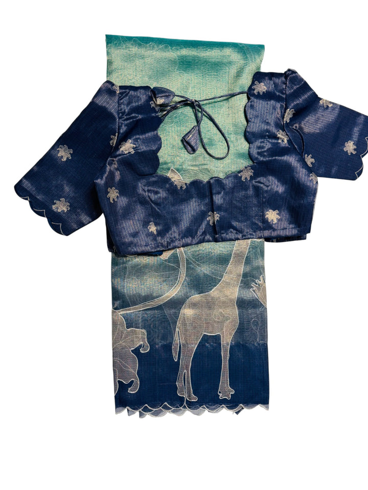 Designer Fancy Saree – Blue-Green Animal Print Saree with Navy Stitched Blouse