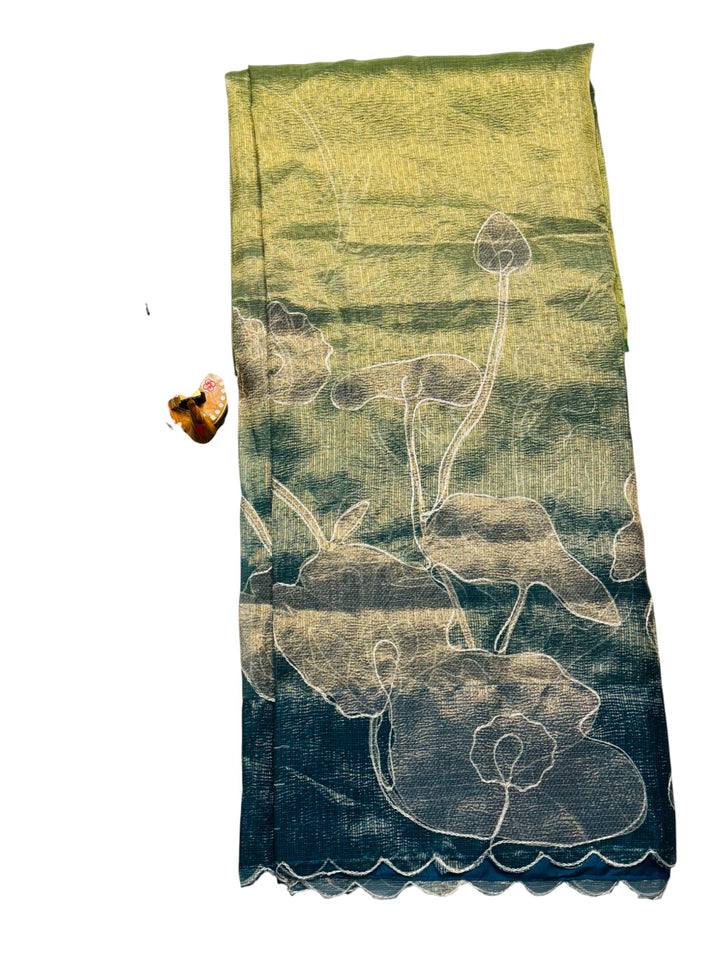 Fancy Saree in Blue-Green with Lotus Print Paired with Teal Lace-Up Stitched Blouse