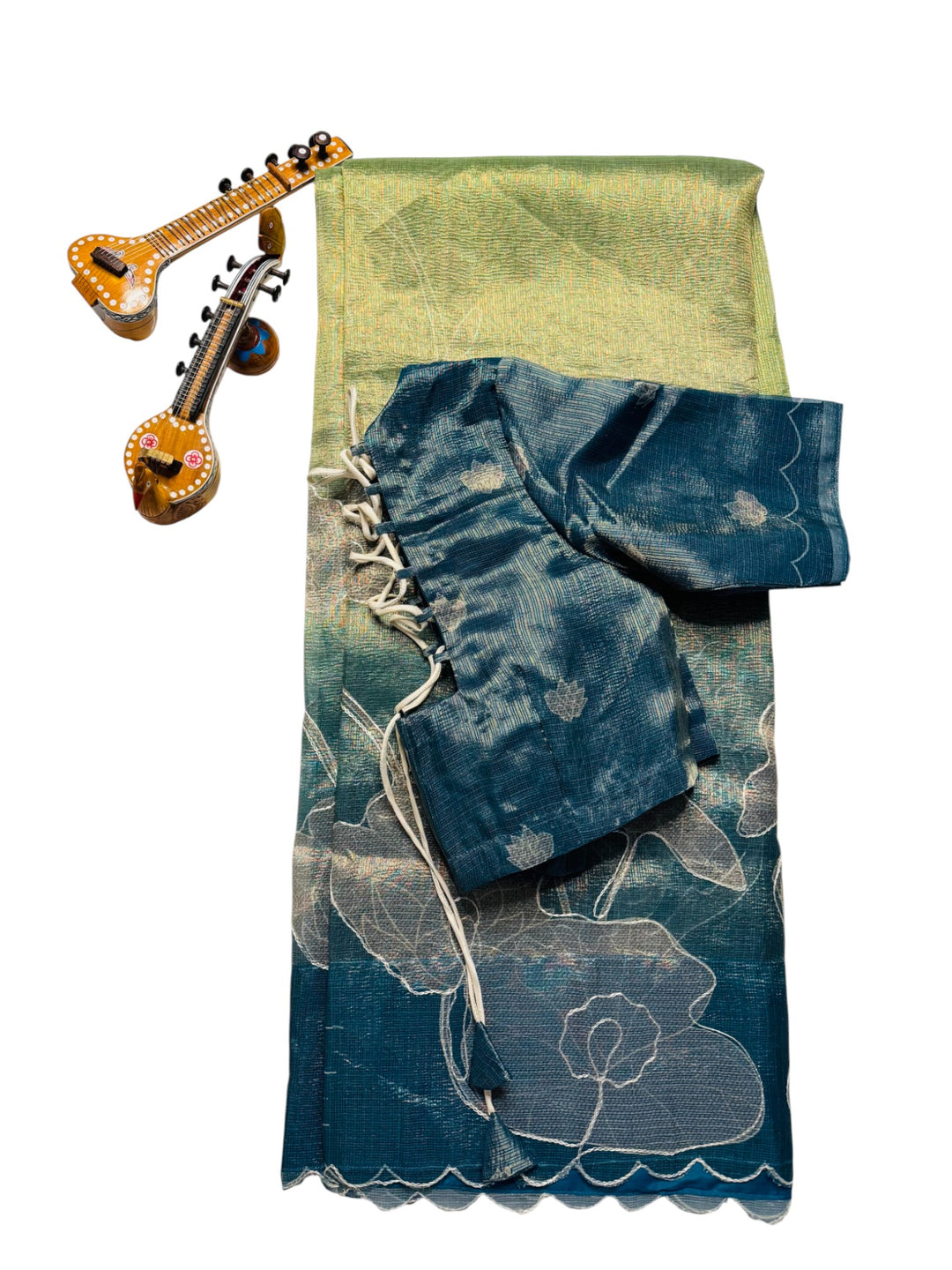 Fancy Saree in Blue-Green with Lotus Print Paired with Teal Lace-Up Stitched Blouse