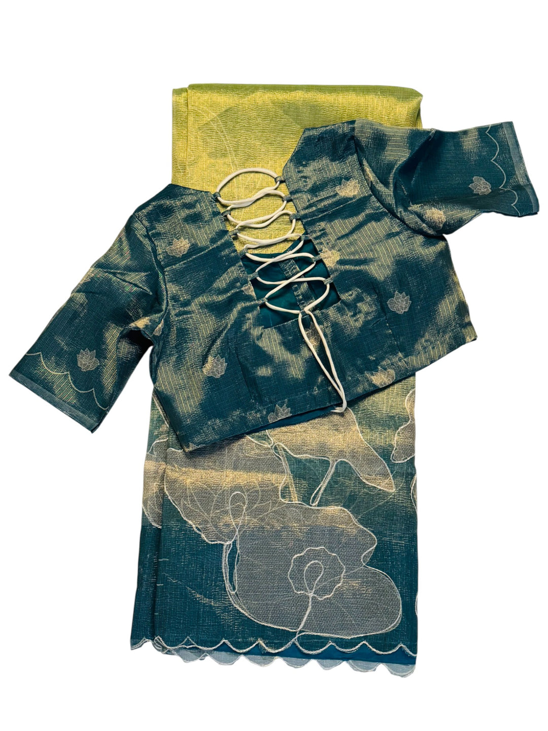 Fancy Saree in Blue-Green with Lotus Print Paired with Teal Lace-Up Stitched Blouse