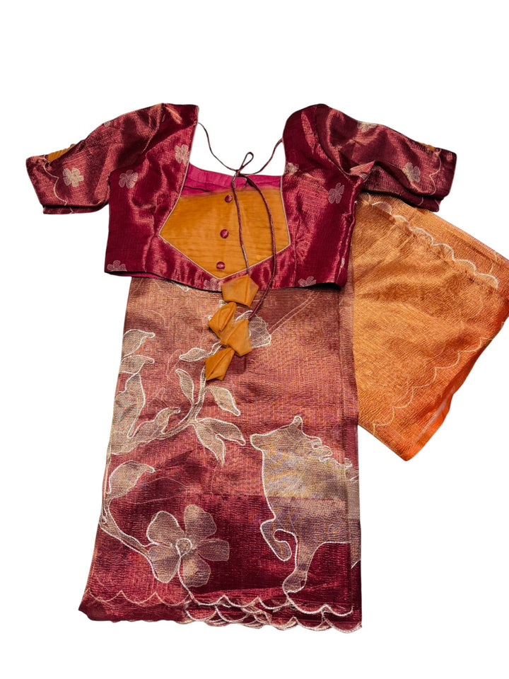 Fancy Saree in Maroon-Brown Ombre with Floral Print & Stitched Blouse