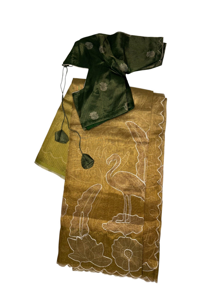 Ombre Olive Fancy Saree with Nature Print Paired with Dark Green Stitched Blouse
