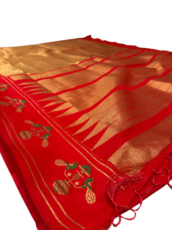 Designer Semi Paithani Saree – Gold Body with Red Border & Blouse