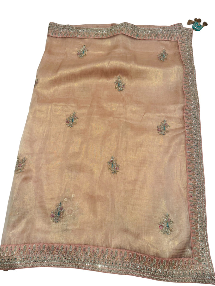 Soft Hatted Tissue Saree in Pastel Peach with Teal Embroidered Blouse