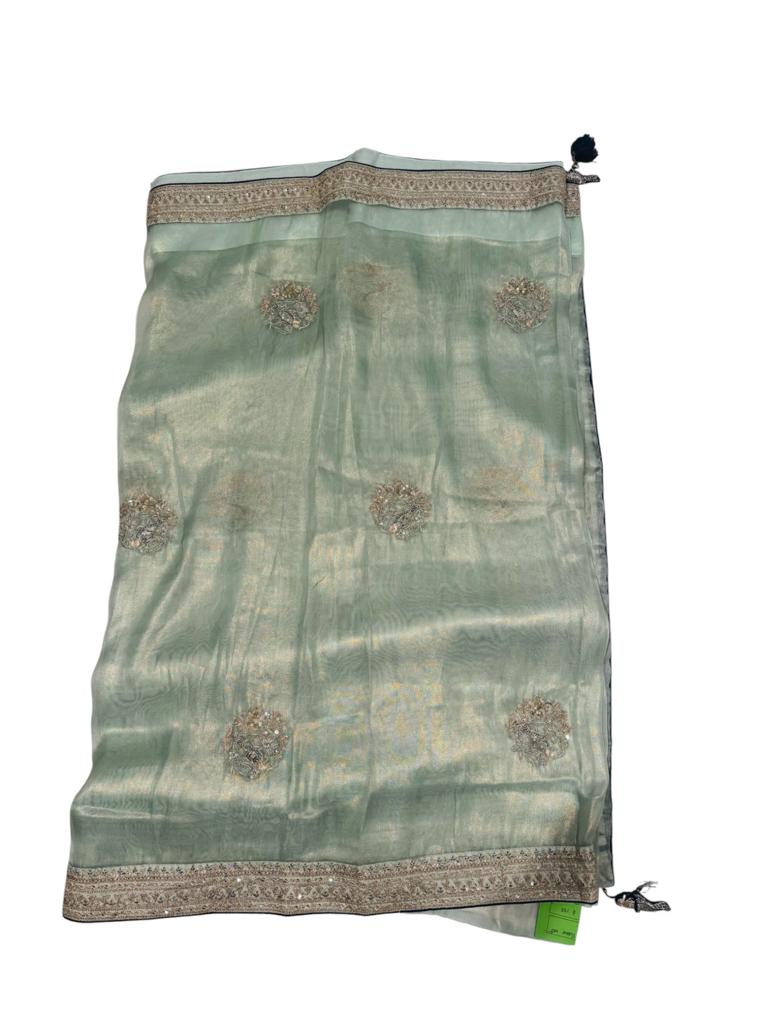 . Designer Soft Hatted Tissue Saree – Mint Green Saree & Navy Embroidered Blouse