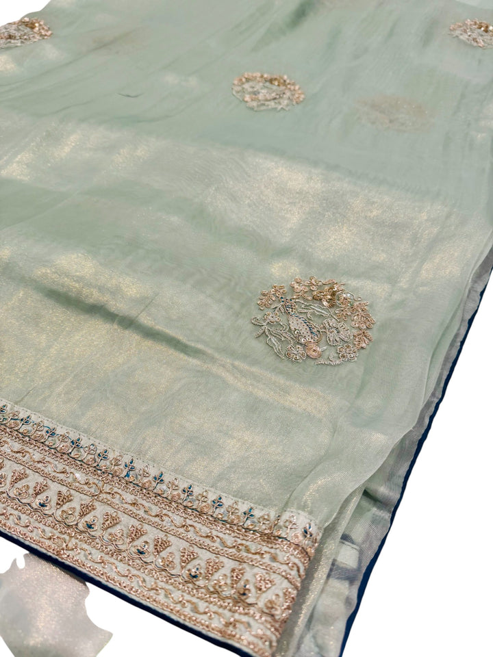 . Designer Soft Hatted Tissue Saree – Mint Green Saree & Navy Embroidered Blouse