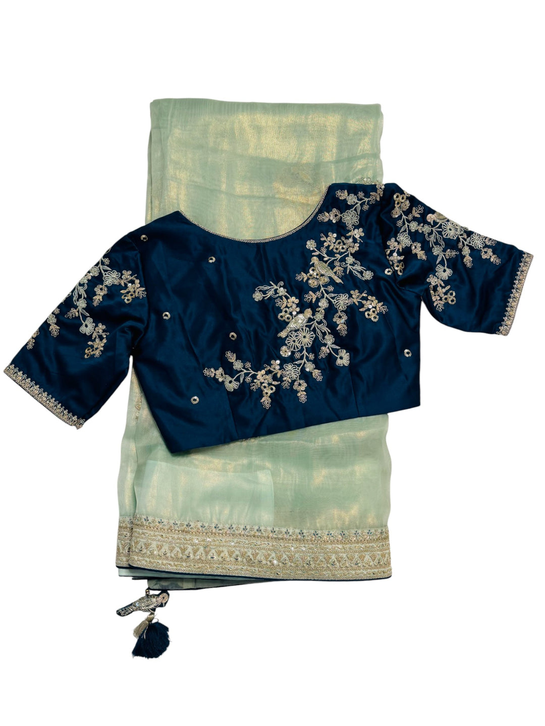 . Designer Soft Hatted Tissue Saree – Mint Green Saree & Navy Embroidered Blouse