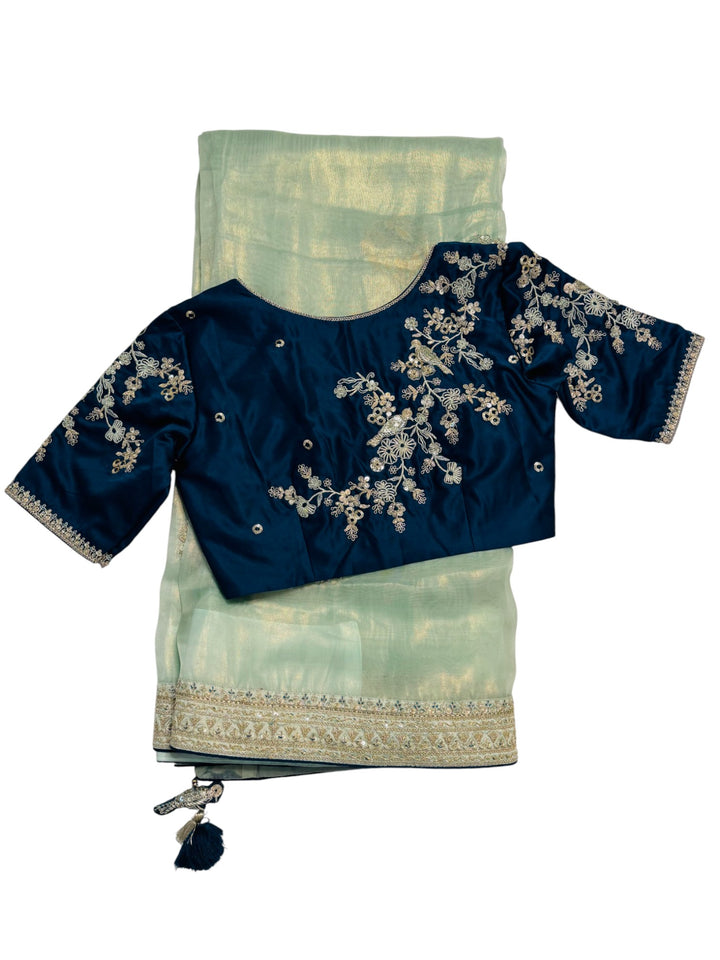 . Designer Soft Hatted Tissue Saree – Mint Green Saree & Navy Embroidered Blouse