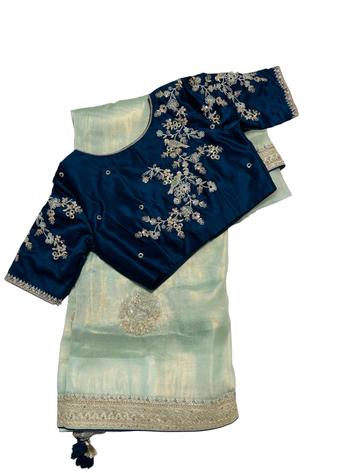 . Designer Soft Hatted Tissue Saree – Mint Green Saree & Navy Embroidered Blouse