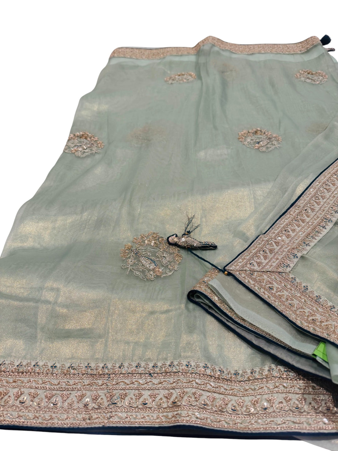 . Designer Soft Hatted Tissue Saree – Mint Green Saree & Navy Embroidered Blouse
