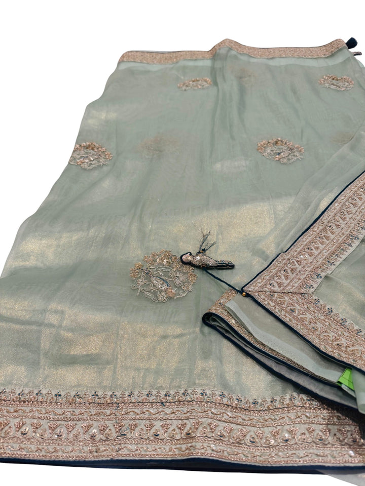 . Designer Soft Hatted Tissue Saree – Mint Green Saree & Navy Embroidered Blouse