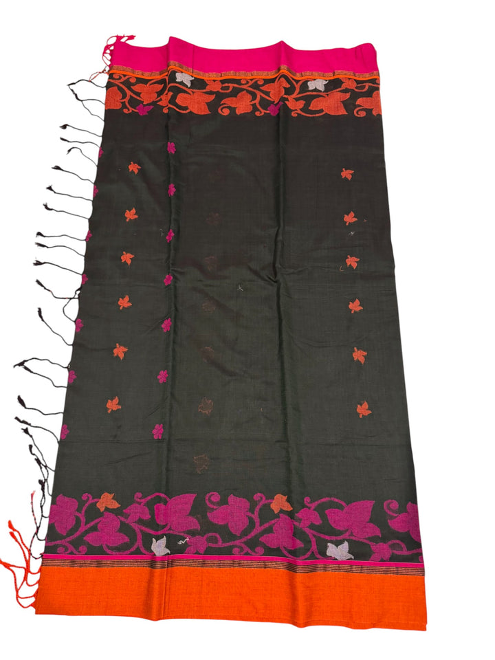 Designer Jamdani Saree – Black Body with Pink Border and Stitched Blouse