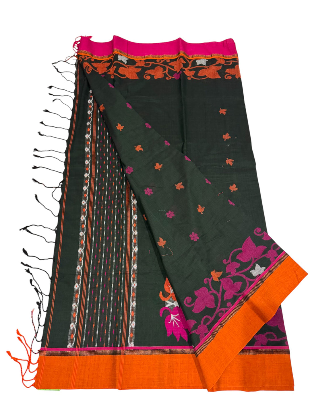 Designer Jamdani Saree – Black Body with Pink Border and Stitched Blouse