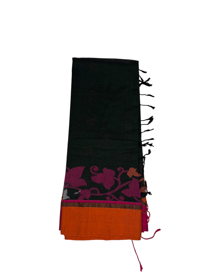 Designer Jamdani Saree – Black Body with Pink Border and Stitched Blouse