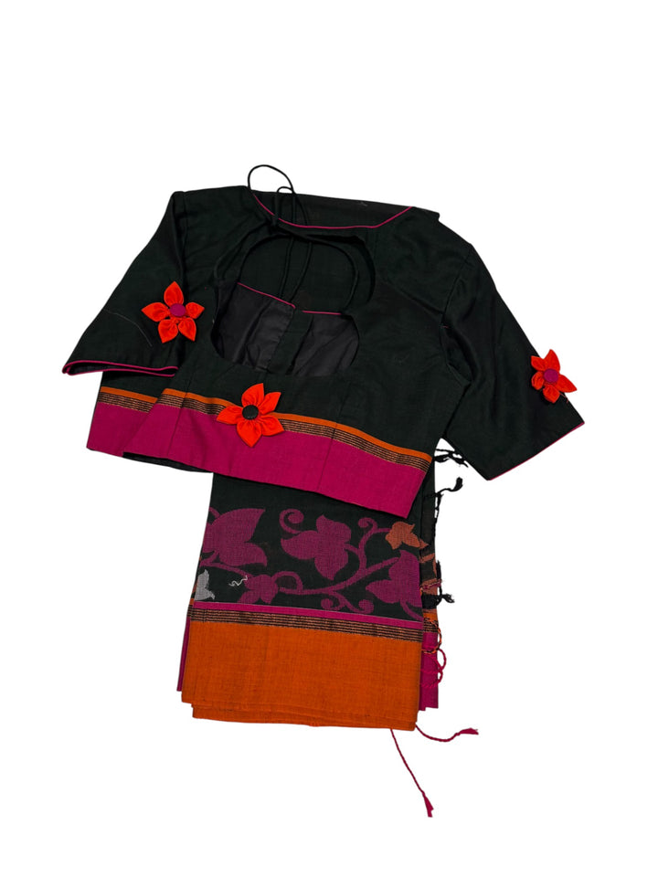 Designer Jamdani Saree – Black Body with Pink Border and Stitched Blouse