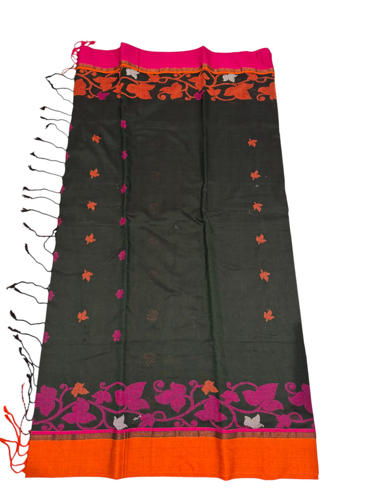 Designer Jamdani Saree – Black Body with Pink Border and Stitched Blouse