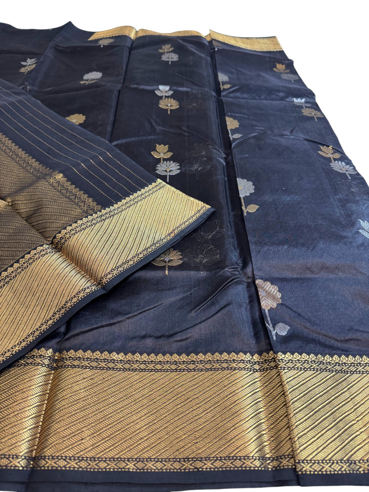 Pure Chanderi Silk Saree in Classic Black with Gold Zari Weaving