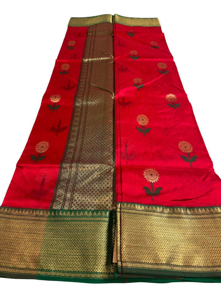 Pure Chanderi Silk Saree in Festive Red with Green Zari Border