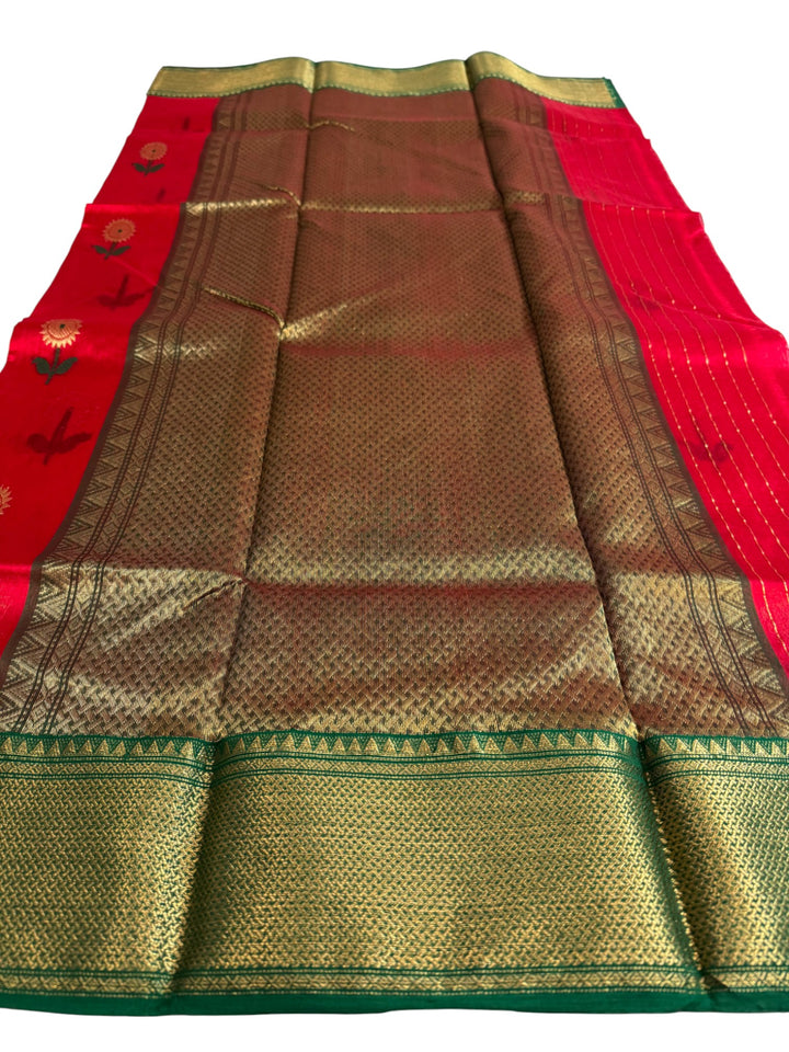 Pure Chanderi Silk Saree in Festive Red with Green Zari Border