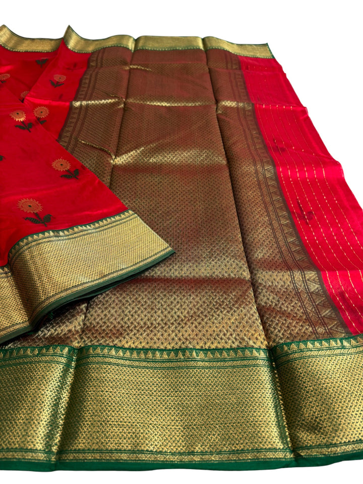 Pure Chanderi Silk Saree in Festive Red with Green Zari Border