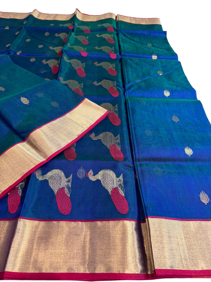 DC Chenderi Silk Saree in Blue–Green Dual Tone with Peacock Weaving