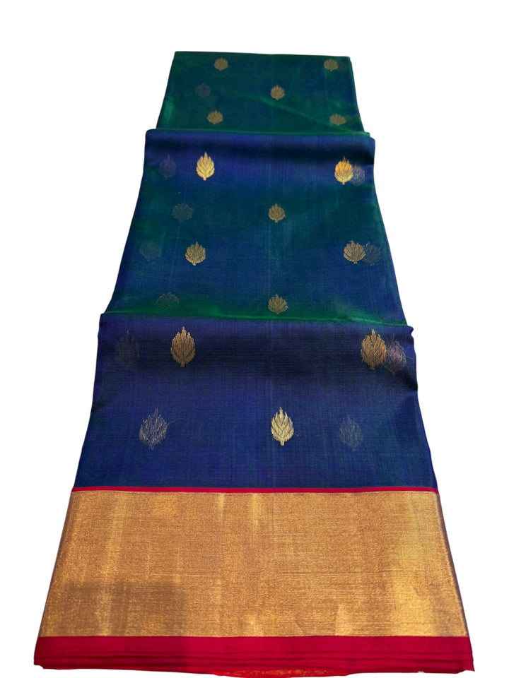 DC Chenderi Silk Saree in Blue–Green Dual Tone with Peacock Weaving