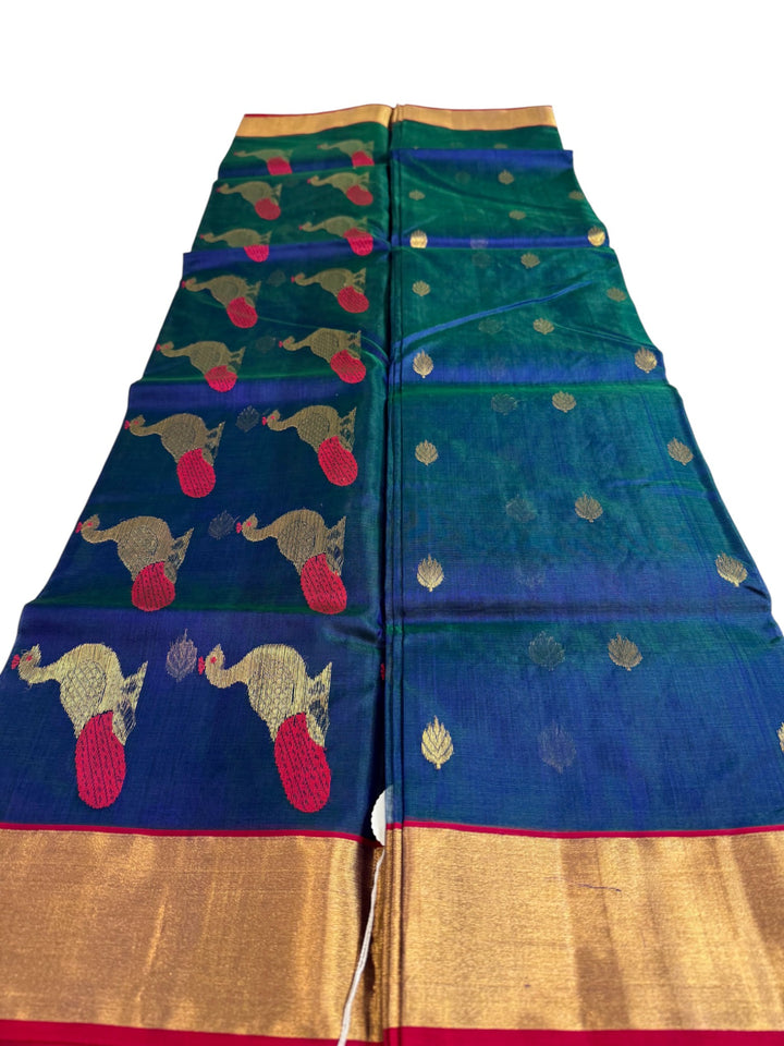 DC Chenderi Silk Saree in Blue–Green Dual Tone with Peacock Weaving