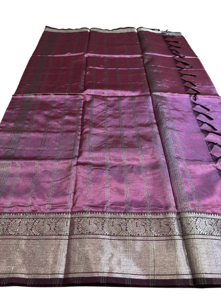 Elegant Mangalagiri Saree with Rich Silver Zari Weaving – Wine Shade