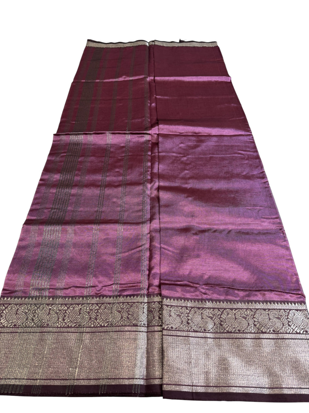 Elegant Mangalagiri Saree with Rich Silver Zari Weaving – Wine Shade