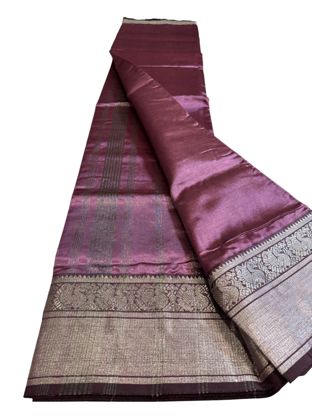 Elegant Mangalagiri Saree with Rich Silver Zari Weaving – Wine Shade