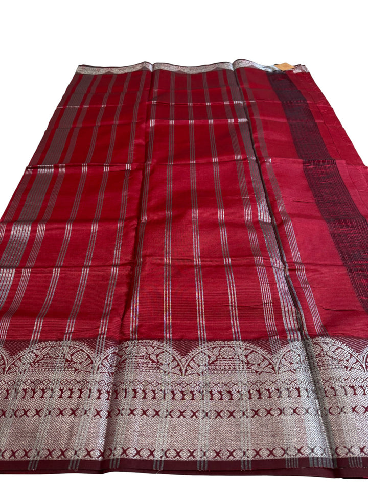 Elegant Maroon Mangalagiri Saree – Classic Stripes & Rich Zari Border