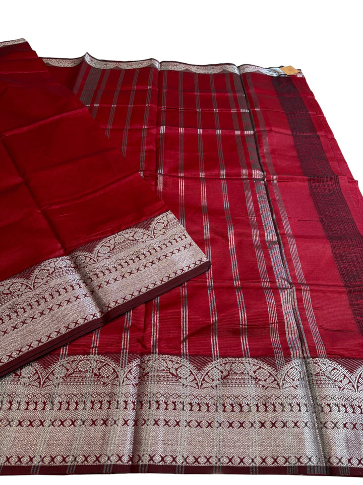 Elegant Maroon Mangalagiri Saree – Classic Stripes & Rich Zari Border