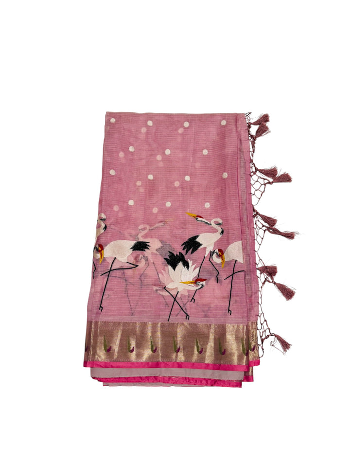 Designer Kotta Cotton Saree – Pink Embroidered Saree with Matching Blouse