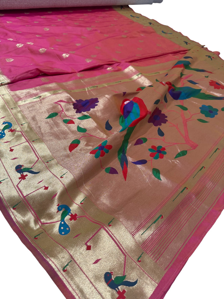 Premium Paithani Silk Saree in Hot Pink with Peacock Zari Motifs
