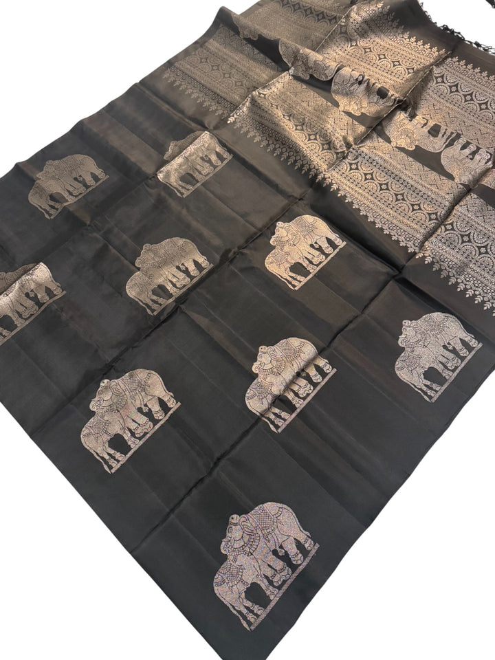 Elegant Black Soft Silk Saree with Intricate Elephant Zari Weaving