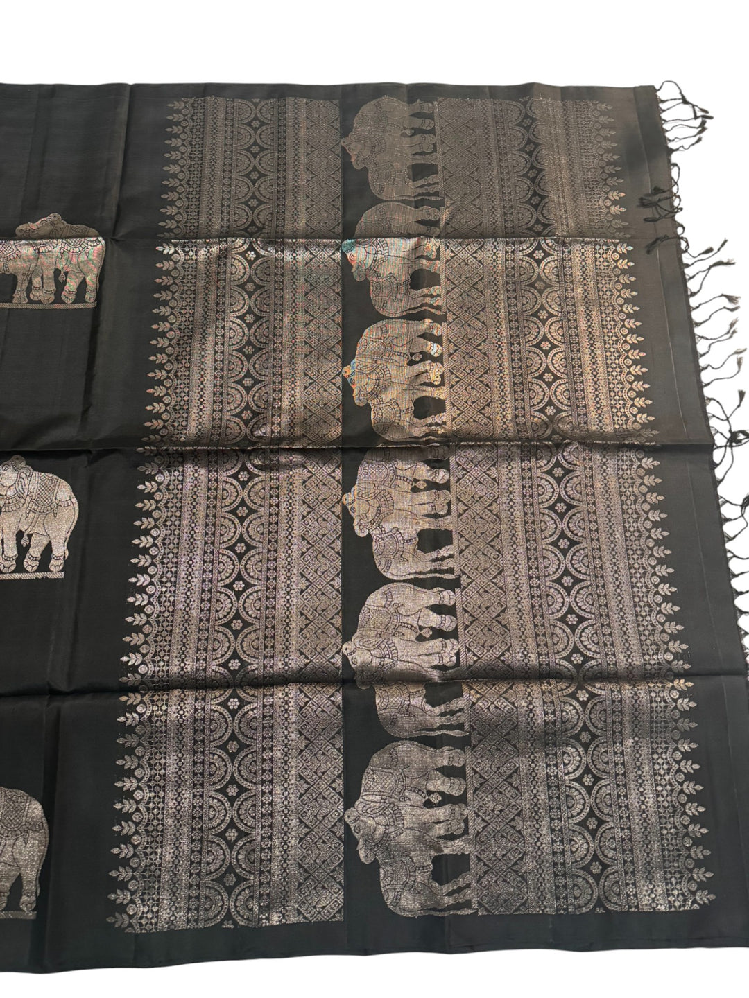 Elegant Black Soft Silk Saree with Intricate Elephant Zari Weaving
