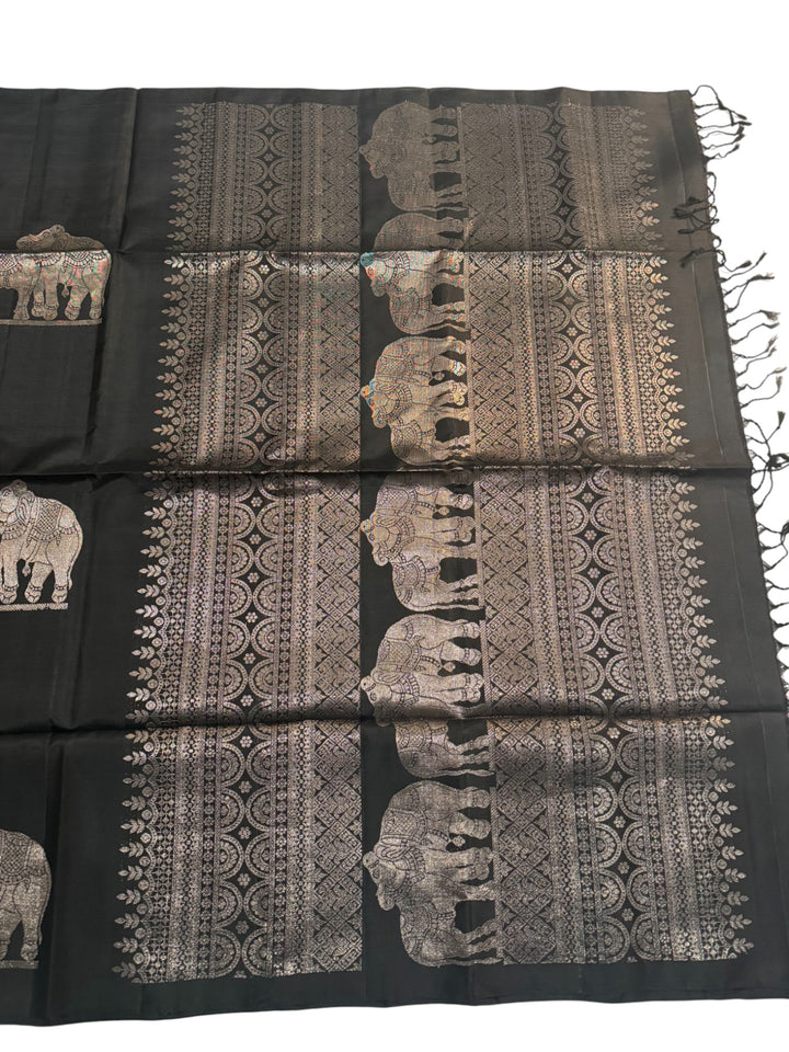 Elegant Black Soft Silk Saree with Intricate Elephant Zari Weaving