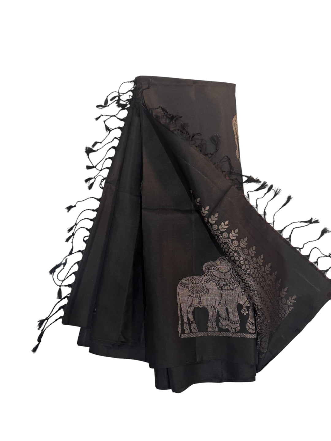 Elegant Black Soft Silk Saree with Intricate Elephant Zari Weaving