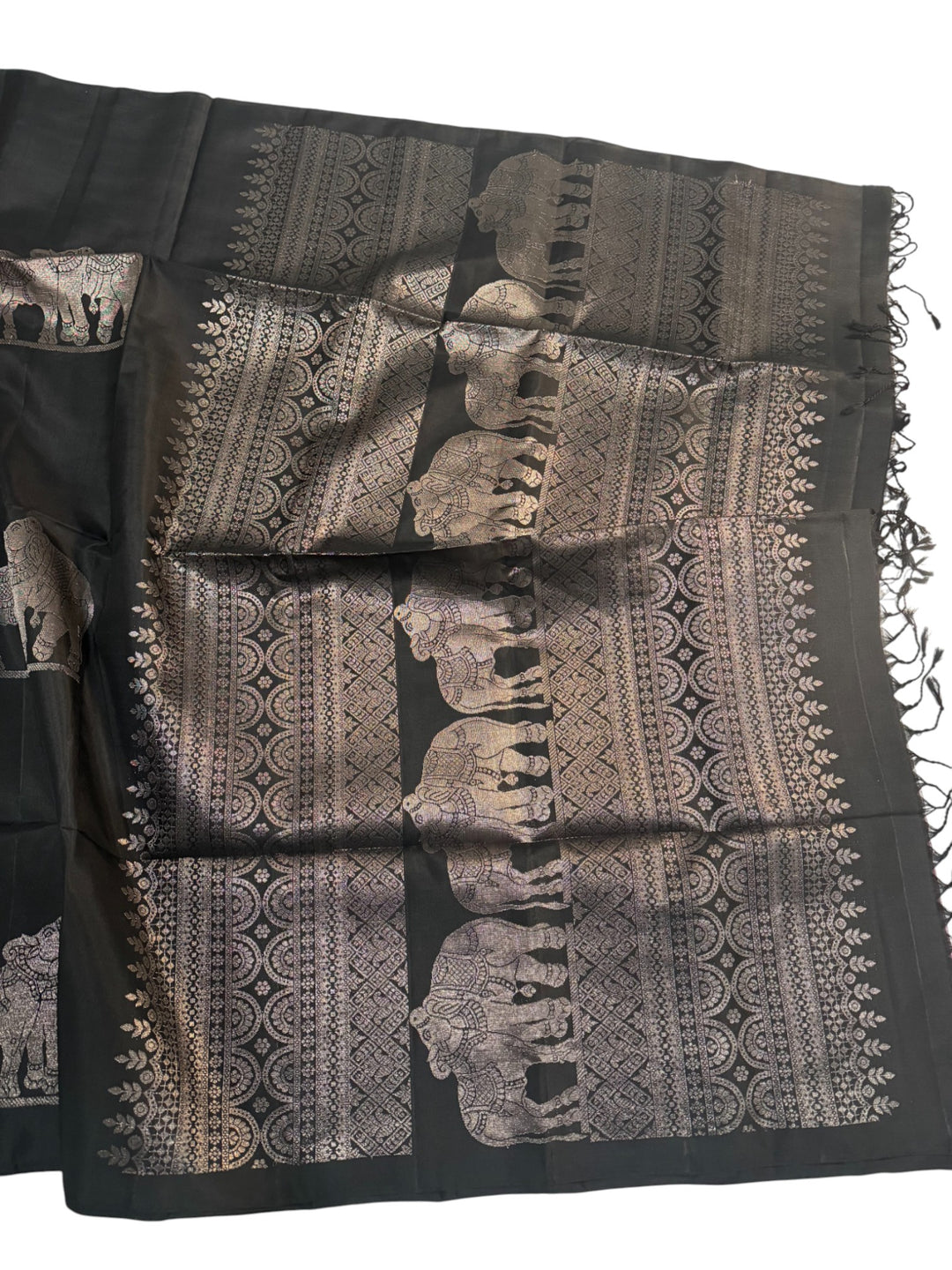 Elegant Black Soft Silk Saree with Intricate Elephant Zari Weaving